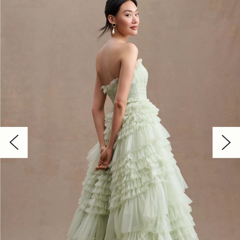 Anthropologie Mac Duggal Tiered Strapless Tulle A-Line High-Low Gown Sage - Picture 2 of 5
